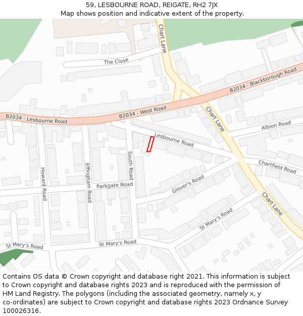 59, LESBOURNE ROAD, REIGATE, RH2 7JX: Location map and indicative extent of plot