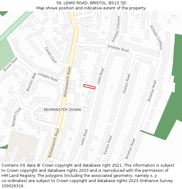 59, LEWIS ROAD, BRISTOL, BS13 7JD: Location map and indicative extent of plot