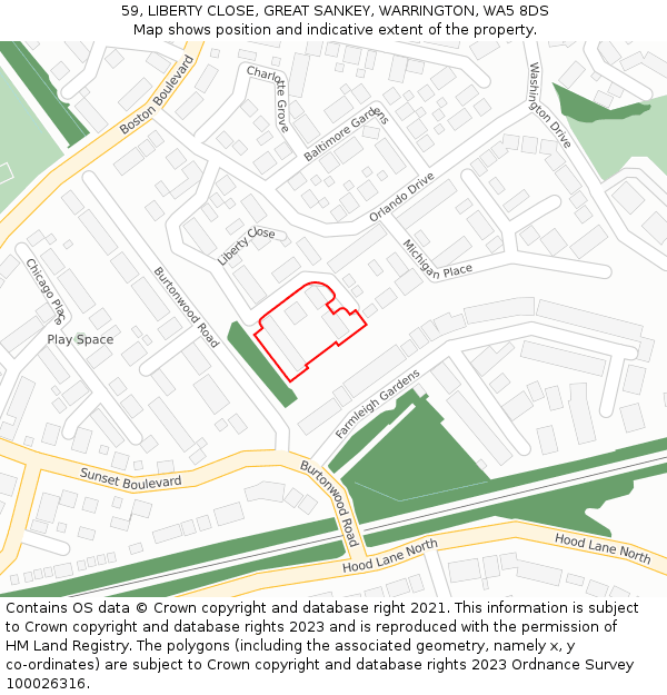 59, LIBERTY CLOSE, GREAT SANKEY, WARRINGTON, WA5 8DS: Location map and indicative extent of plot