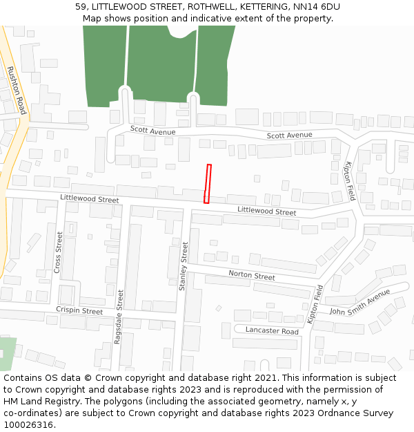 59, LITTLEWOOD STREET, ROTHWELL, KETTERING, NN14 6DU: Location map and indicative extent of plot