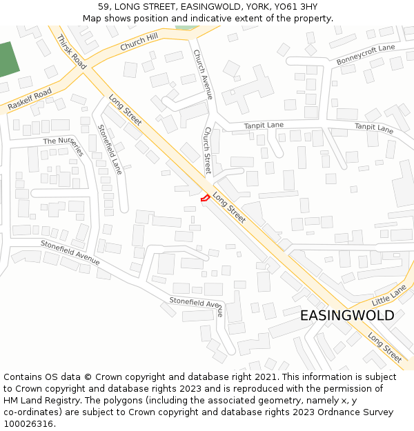 59, LONG STREET, EASINGWOLD, YORK, YO61 3HY: Location map and indicative extent of plot