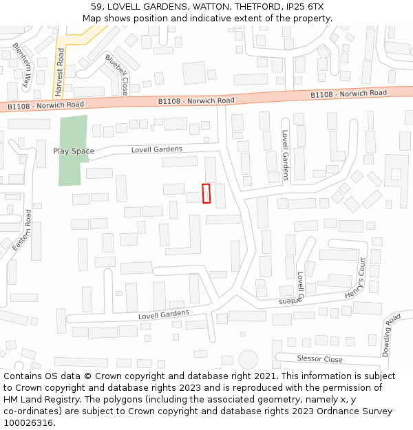 59, LOVELL GARDENS, WATTON, THETFORD, IP25 6TX: Location map and indicative extent of plot