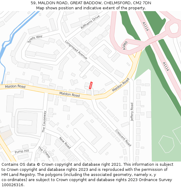 59, MALDON ROAD, GREAT BADDOW, CHELMSFORD, CM2 7DN: Location map and indicative extent of plot