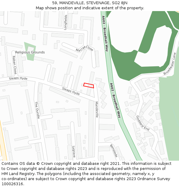 59, MANDEVILLE, STEVENAGE, SG2 8JN: Location map and indicative extent of plot