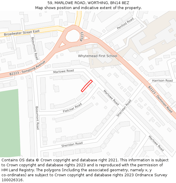 59, MARLOWE ROAD, WORTHING, BN14 8EZ: Location map and indicative extent of plot