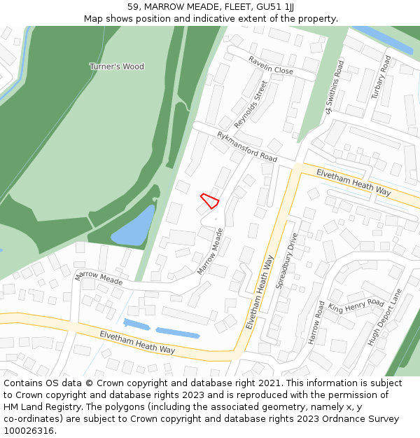 59, MARROW MEADE, FLEET, GU51 1JJ: Location map and indicative extent of plot