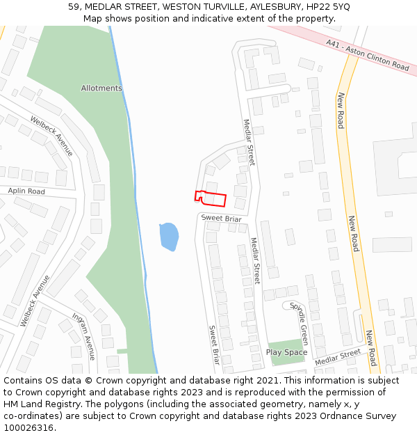 59, MEDLAR STREET, WESTON TURVILLE, AYLESBURY, HP22 5YQ: Location map and indicative extent of plot