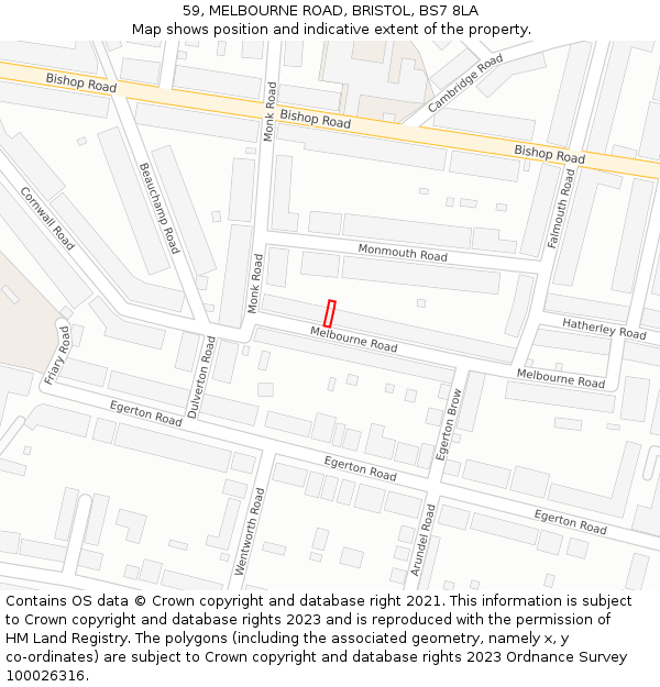 59, MELBOURNE ROAD, BRISTOL, BS7 8LA: Location map and indicative extent of plot
