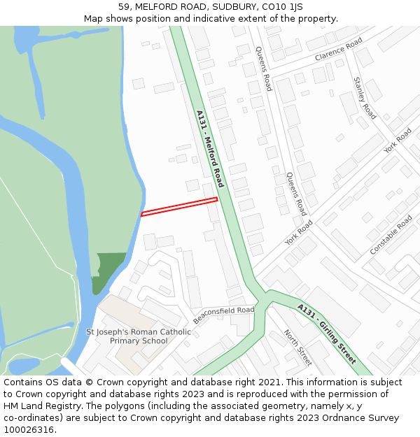 59, MELFORD ROAD, SUDBURY, CO10 1JS: Location map and indicative extent of plot