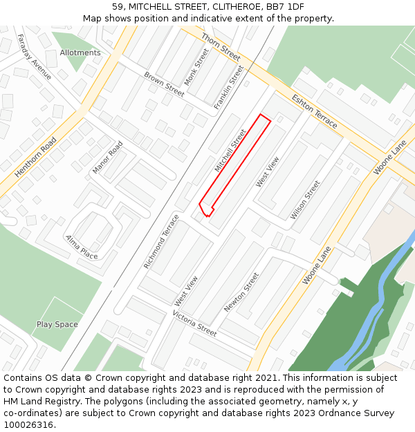 59, MITCHELL STREET, CLITHEROE, BB7 1DF: Location map and indicative extent of plot