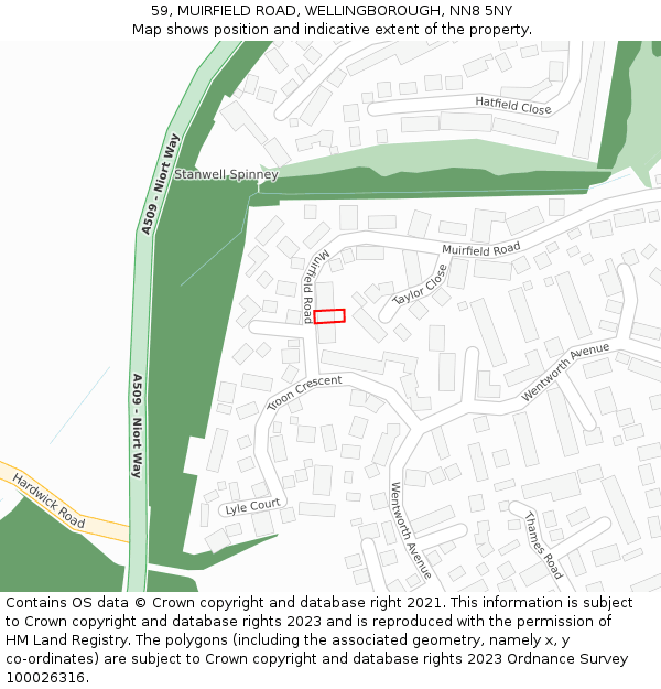 59, MUIRFIELD ROAD, WELLINGBOROUGH, NN8 5NY: Location map and indicative extent of plot