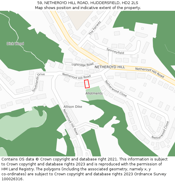 59, NETHEROYD HILL ROAD, HUDDERSFIELD, HD2 2LS: Location map and indicative extent of plot