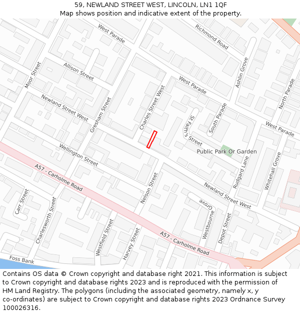 59, NEWLAND STREET WEST, LINCOLN, LN1 1QF: Location map and indicative extent of plot