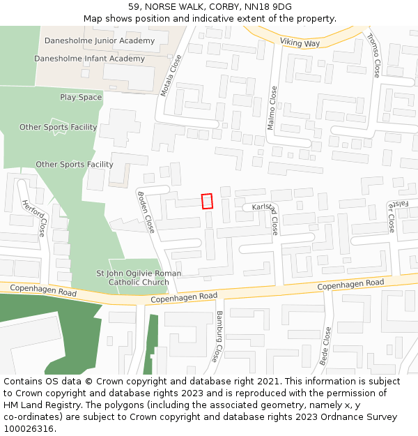 59, NORSE WALK, CORBY, NN18 9DG: Location map and indicative extent of plot