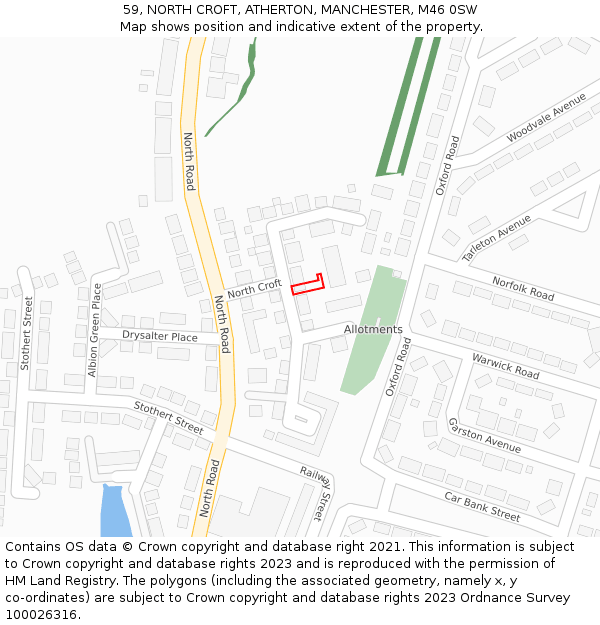 59, NORTH CROFT, ATHERTON, MANCHESTER, M46 0SW: Location map and indicative extent of plot