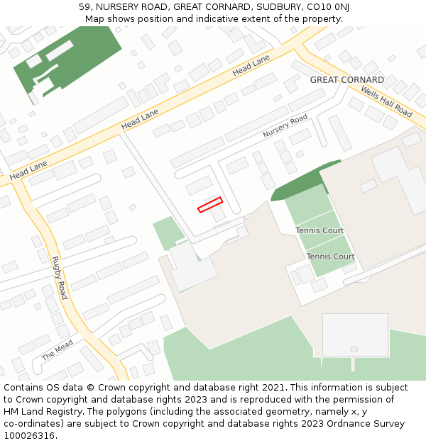 59, NURSERY ROAD, GREAT CORNARD, SUDBURY, CO10 0NJ: Location map and indicative extent of plot