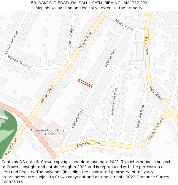 59, OAKFIELD ROAD, BALSALL HEATH, BIRMINGHAM, B12 9PX: Location map and indicative extent of plot
