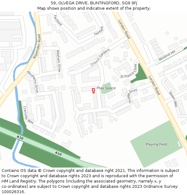 59, OLVEGA DRIVE, BUNTINGFORD, SG9 9FJ: Location map and indicative extent of plot