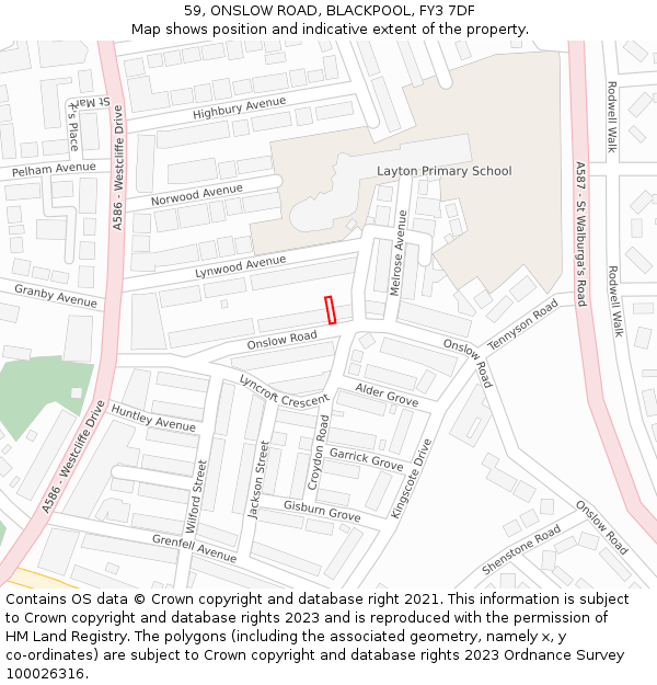 59, ONSLOW ROAD, BLACKPOOL, FY3 7DF: Location map and indicative extent of plot