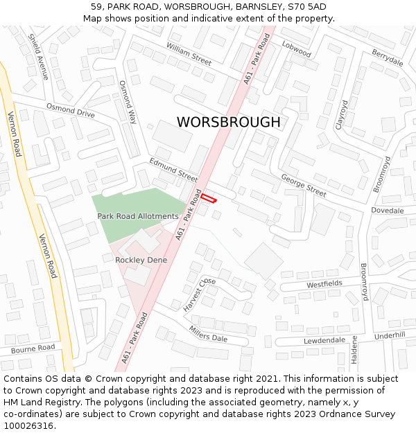 59, PARK ROAD, WORSBROUGH, BARNSLEY, S70 5AD: Location map and indicative extent of plot