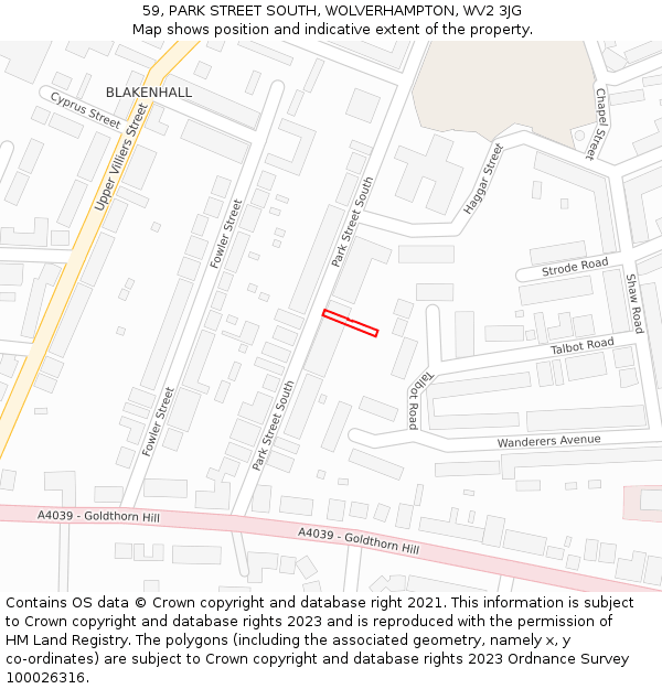 59, PARK STREET SOUTH, WOLVERHAMPTON, WV2 3JG: Location map and indicative extent of plot