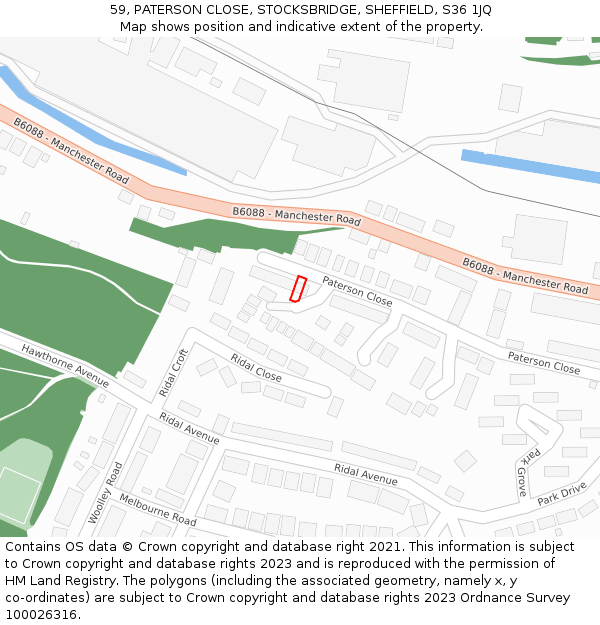 59, PATERSON CLOSE, STOCKSBRIDGE, SHEFFIELD, S36 1JQ: Location map and indicative extent of plot