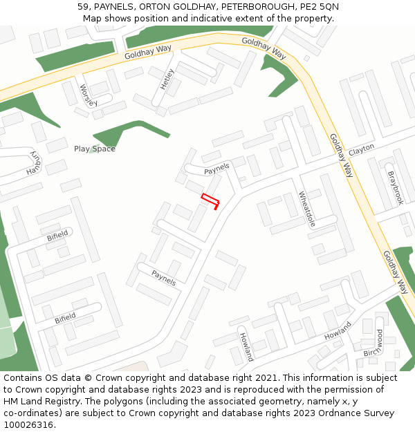59, PAYNELS, ORTON GOLDHAY, PETERBOROUGH, PE2 5QN: Location map and indicative extent of plot