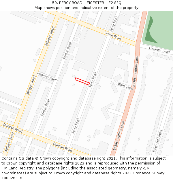 59, PERCY ROAD, LEICESTER, LE2 8FQ: Location map and indicative extent of plot