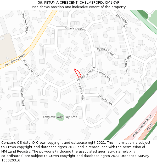 59, PETUNIA CRESCENT, CHELMSFORD, CM1 6YR: Location map and indicative extent of plot