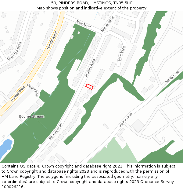 59, PINDERS ROAD, HASTINGS, TN35 5HE: Location map and indicative extent of plot