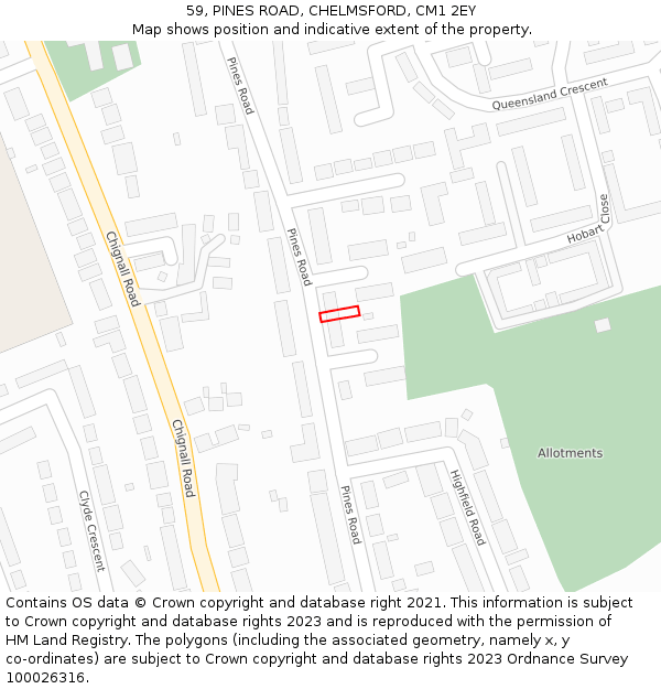 59, PINES ROAD, CHELMSFORD, CM1 2EY: Location map and indicative extent of plot