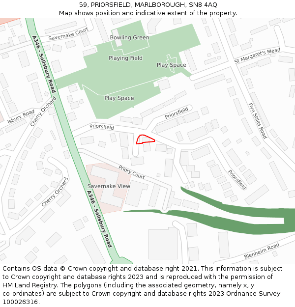 59, PRIORSFIELD, MARLBOROUGH, SN8 4AQ: Location map and indicative extent of plot