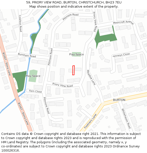 59, PRIORY VIEW ROAD, BURTON, CHRISTCHURCH, BH23 7EU: Location map and indicative extent of plot