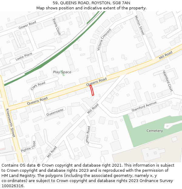 59, QUEENS ROAD, ROYSTON, SG8 7AN: Location map and indicative extent of plot