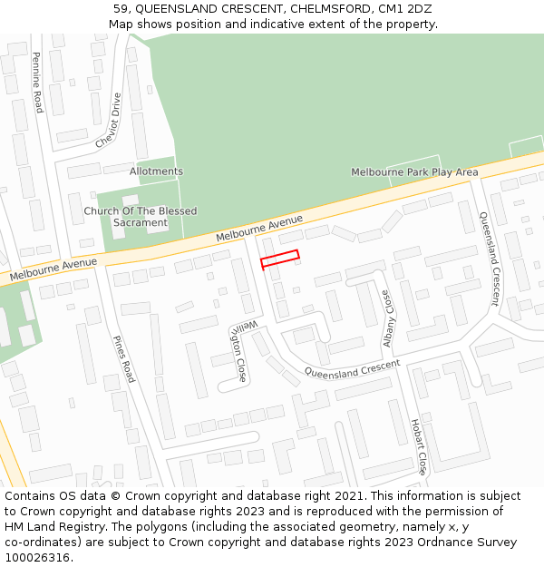 59, QUEENSLAND CRESCENT, CHELMSFORD, CM1 2DZ: Location map and indicative extent of plot