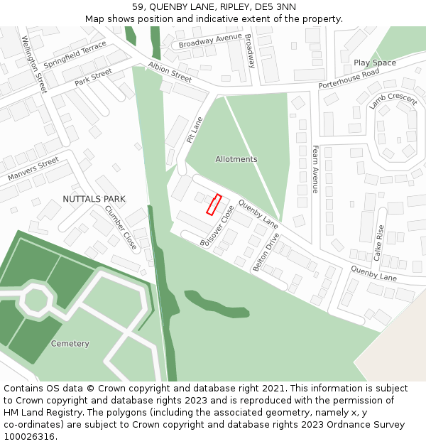 59, QUENBY LANE, RIPLEY, DE5 3NN: Location map and indicative extent of plot