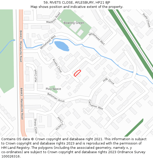 59, RIVETS CLOSE, AYLESBURY, HP21 8JP: Location map and indicative extent of plot