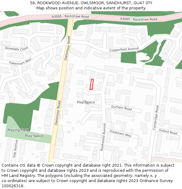 59, ROOKWOOD AVENUE, OWLSMOOR, SANDHURST, GU47 0TY: Location map and indicative extent of plot
