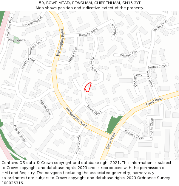 59, ROWE MEAD, PEWSHAM, CHIPPENHAM, SN15 3YT: Location map and indicative extent of plot