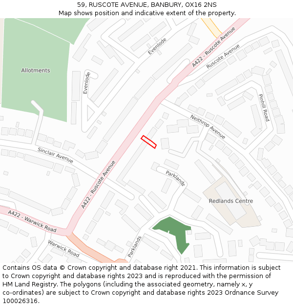 59, RUSCOTE AVENUE, BANBURY, OX16 2NS: Location map and indicative extent of plot