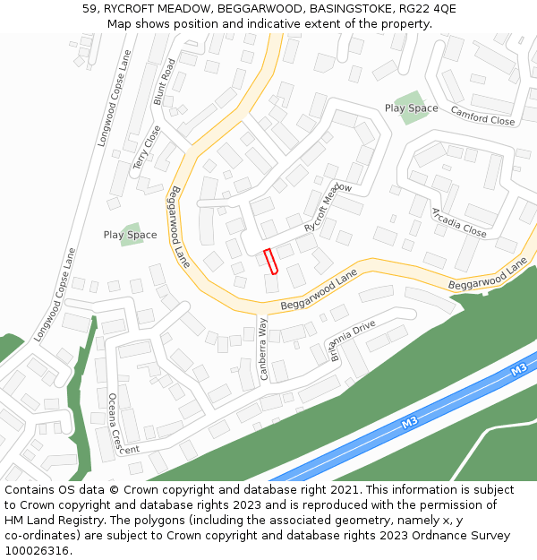 59, RYCROFT MEADOW, BEGGARWOOD, BASINGSTOKE, RG22 4QE: Location map and indicative extent of plot