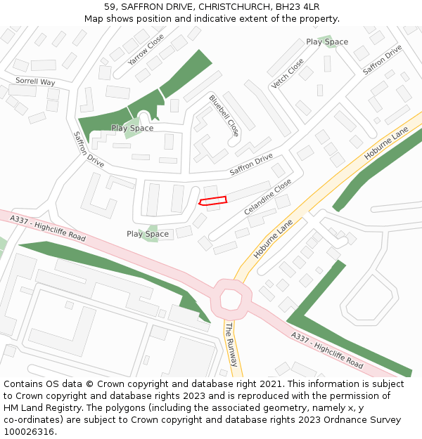 59, SAFFRON DRIVE, CHRISTCHURCH, BH23 4LR: Location map and indicative extent of plot