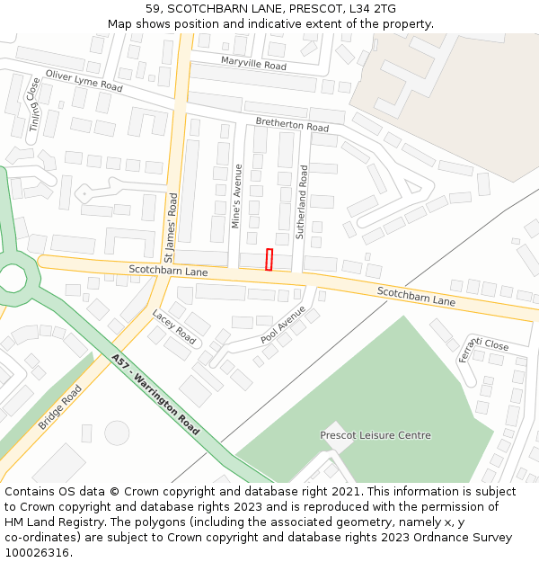 59, SCOTCHBARN LANE, PRESCOT, L34 2TG: Location map and indicative extent of plot