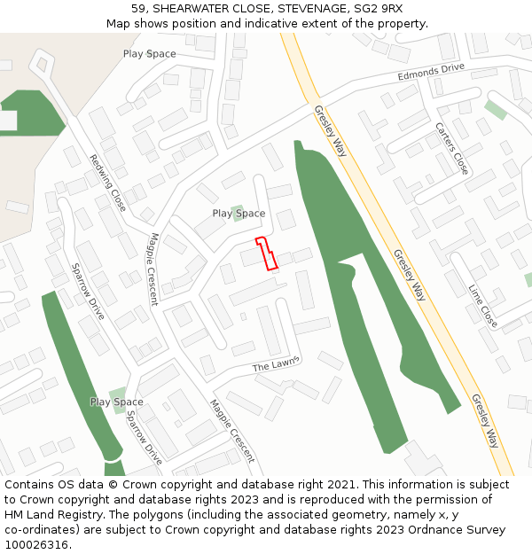 59, SHEARWATER CLOSE, STEVENAGE, SG2 9RX: Location map and indicative extent of plot
