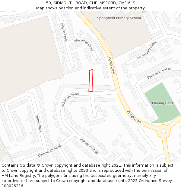 59, SIDMOUTH ROAD, CHELMSFORD, CM1 6LS: Location map and indicative extent of plot