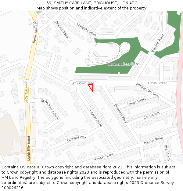 59, SMITHY CARR LANE, BRIGHOUSE, HD6 4BG: Location map and indicative extent of plot