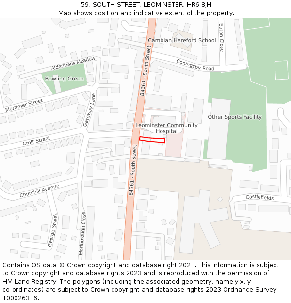 59, SOUTH STREET, LEOMINSTER, HR6 8JH: Location map and indicative extent of plot