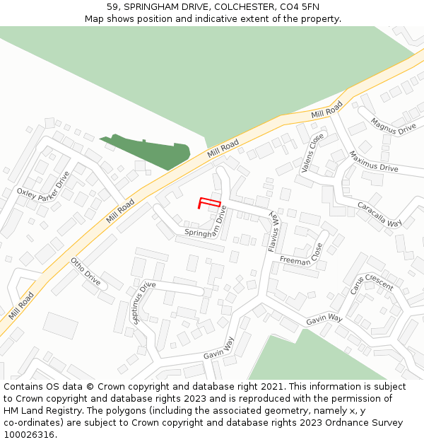 59, SPRINGHAM DRIVE, COLCHESTER, CO4 5FN: Location map and indicative extent of plot