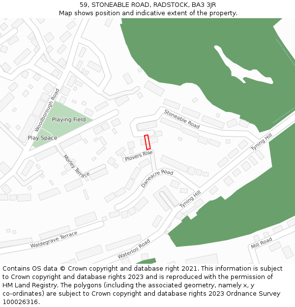 59, STONEABLE ROAD, RADSTOCK, BA3 3JR: Location map and indicative extent of plot