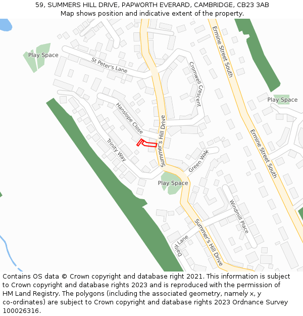 59, SUMMERS HILL DRIVE, PAPWORTH EVERARD, CAMBRIDGE, CB23 3AB: Location map and indicative extent of plot